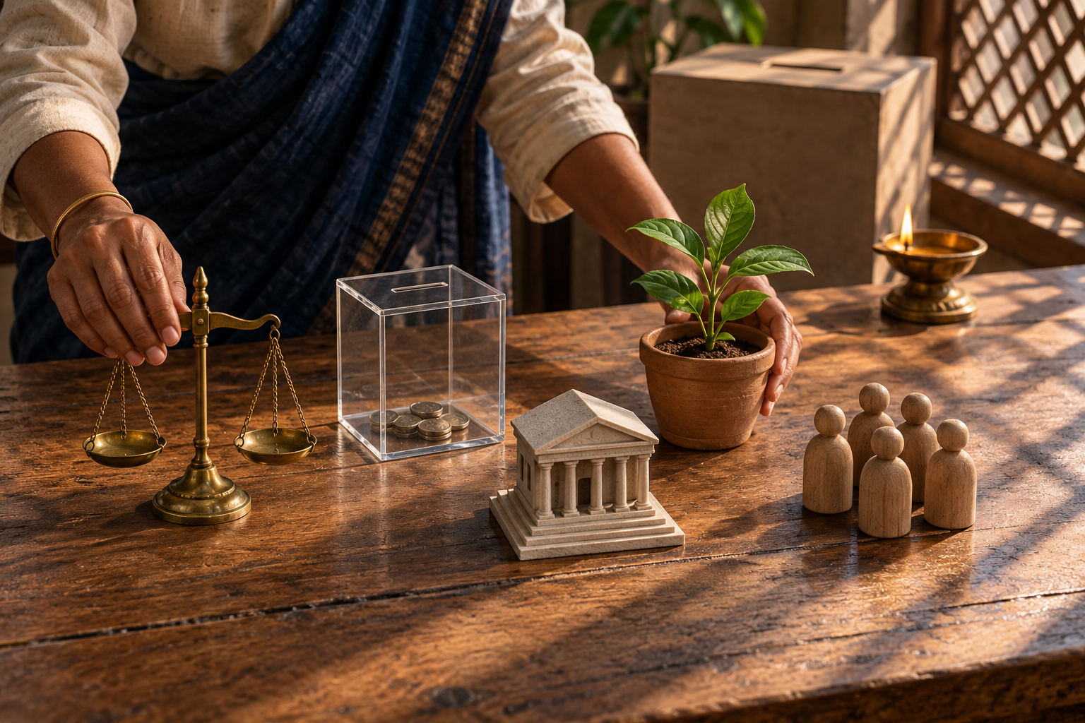 A voter's hands arrange a scale, transparent donation box, courthouse model, seedling, and human figures beside an unmarked ballot box.