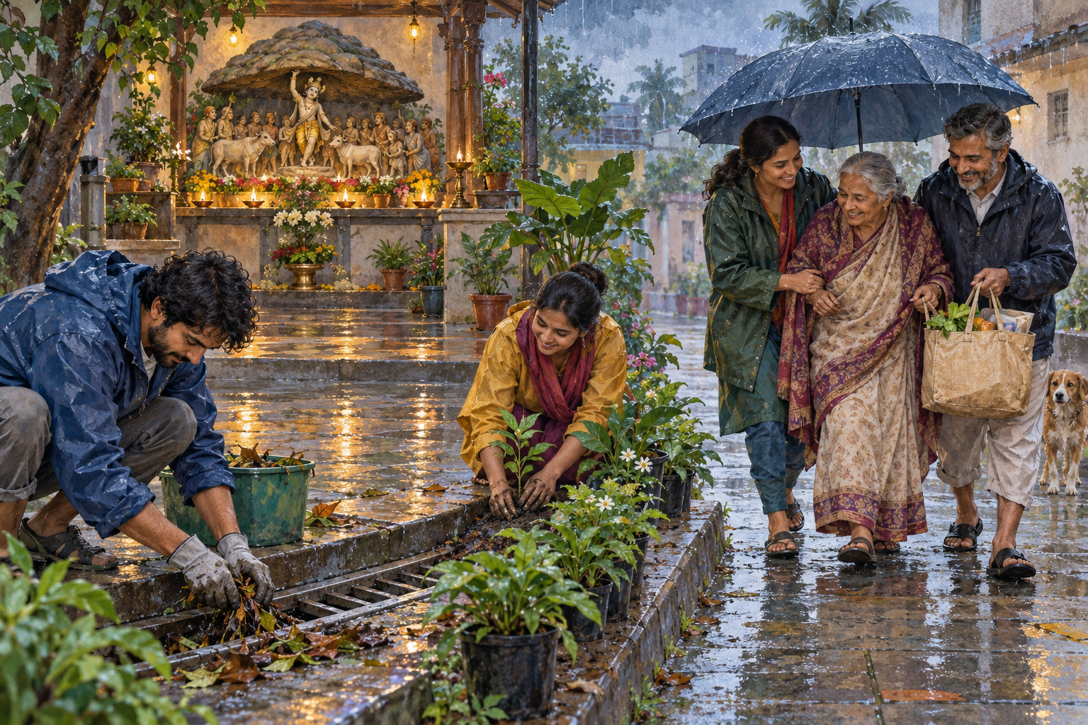 A Govardhan leela tableau stands behind neighbors clearing a rain drain, planting greenery, and helping an older resident under an umbrella.
