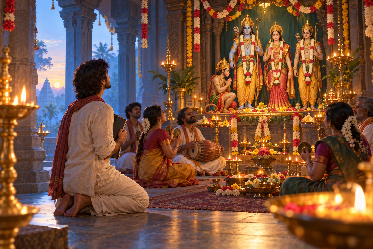 An artist kneels in a temple during kirtan and looks toward an illuminated altar depicting Rama, Sita, Lakshmana and Hanuman.