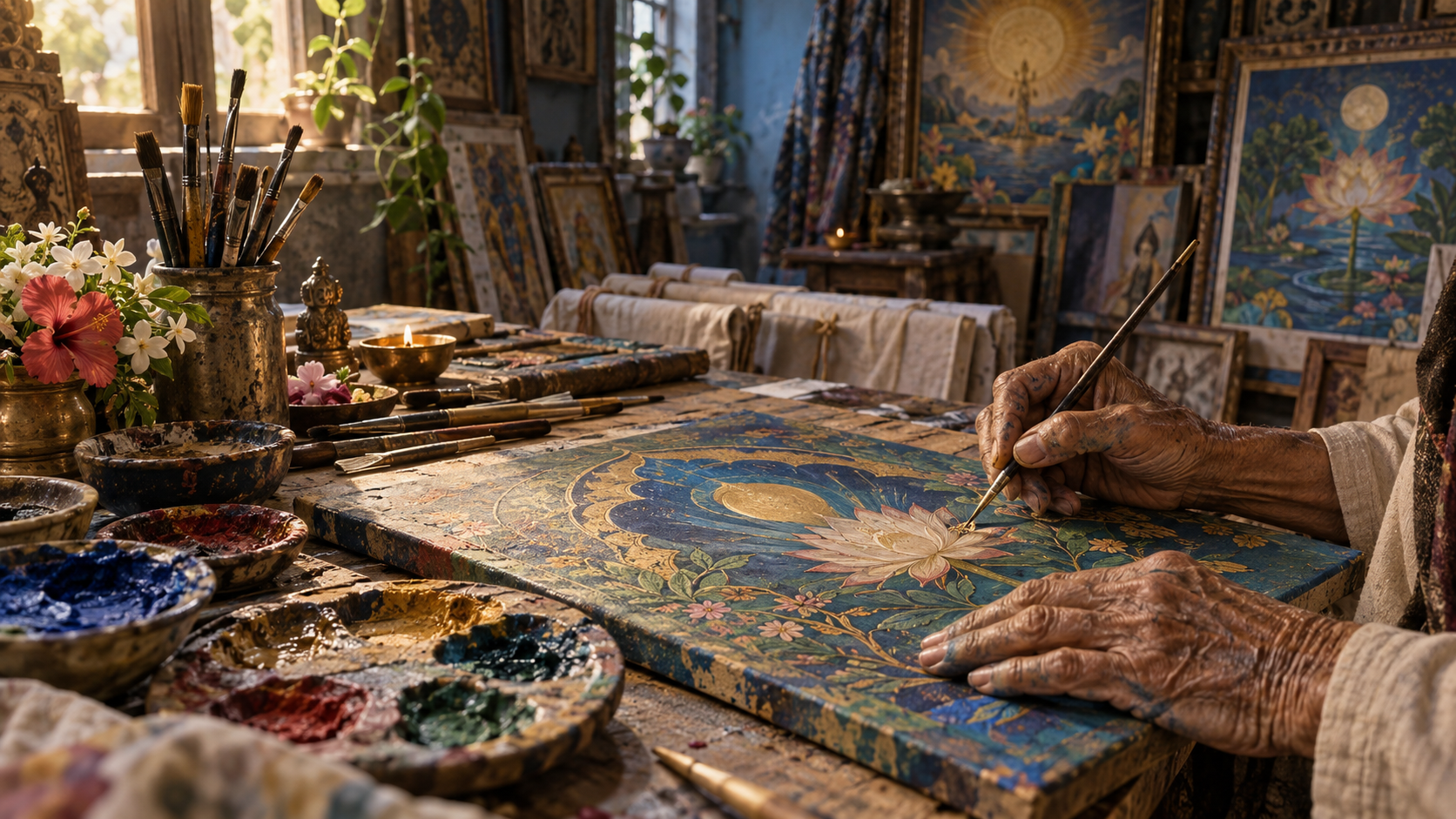 An older painter's hands add a fine detail to a devotional canvas on a worktable filled with worn brushes, pigments and carefully stored paintings.