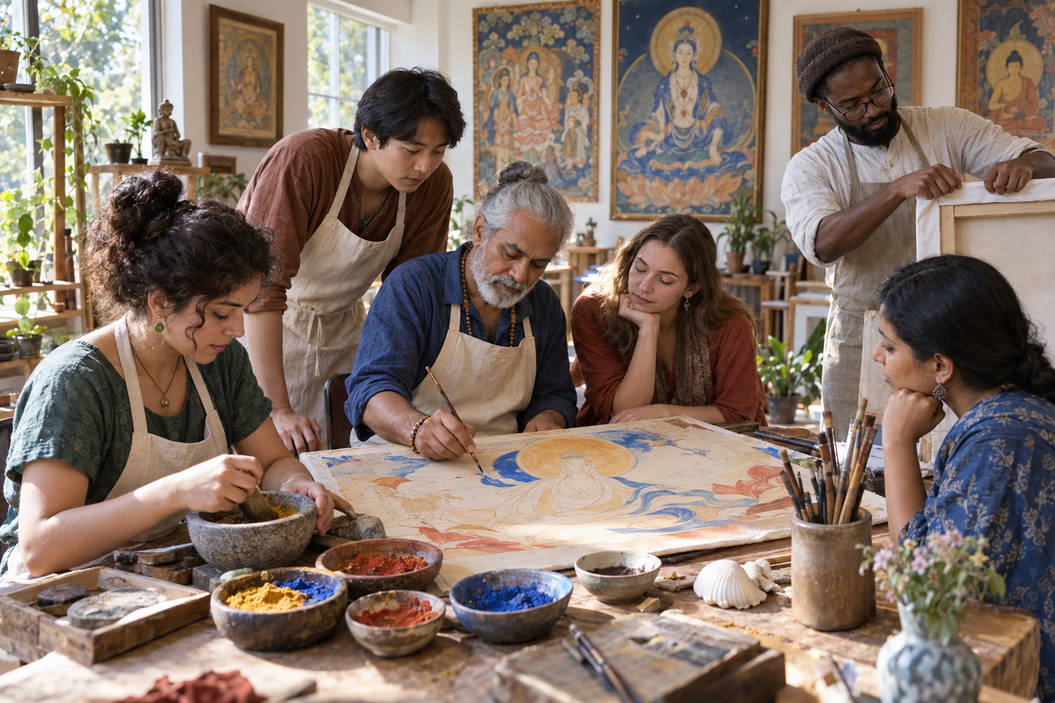 An intergenerational group learns devotional painting techniques together in a bright studio filled with canvases, pigments and brushes.