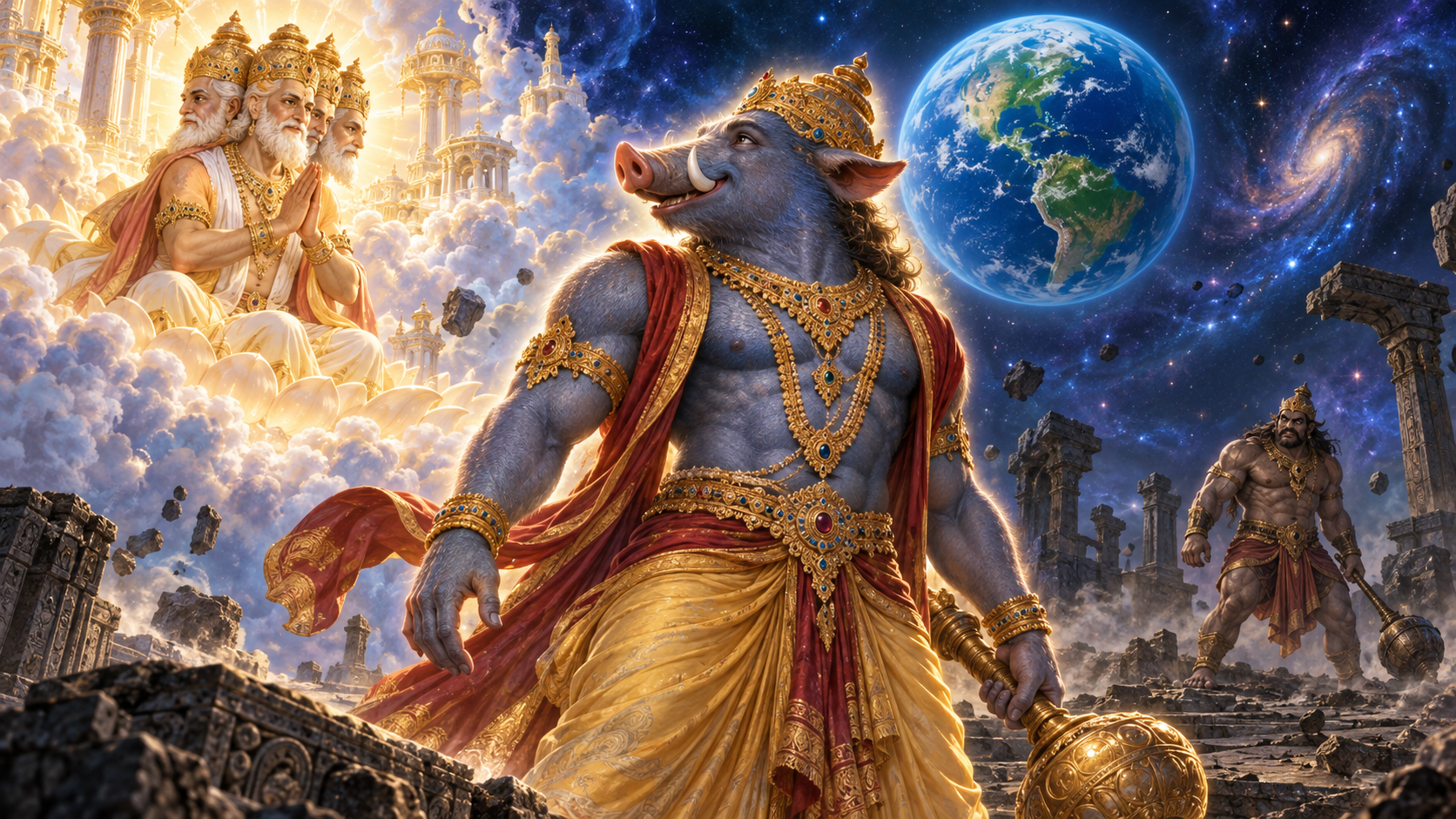 Lord Varaha smiles warmly toward four-headed Brahma, who offers counsel with joined palms as Hiranyaksha waits on a cosmic battlefield.