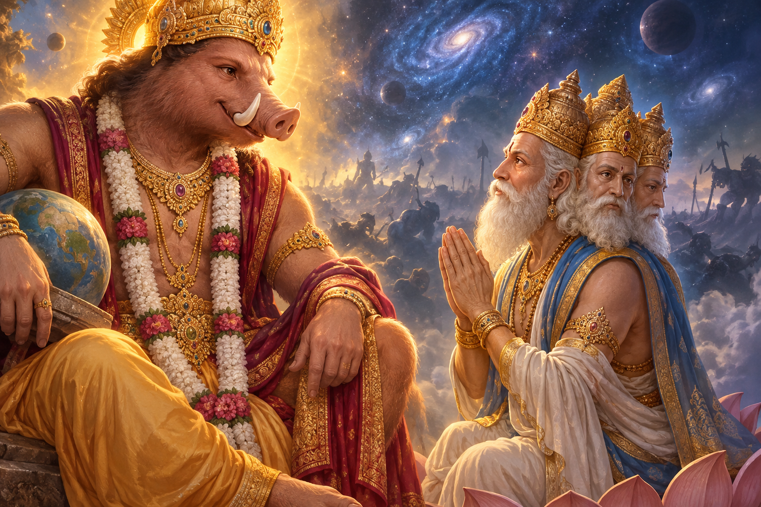 Lord Varaha gives Brahma a warm, loving glance while Brahma stands humbly with his hands joined in prayer.