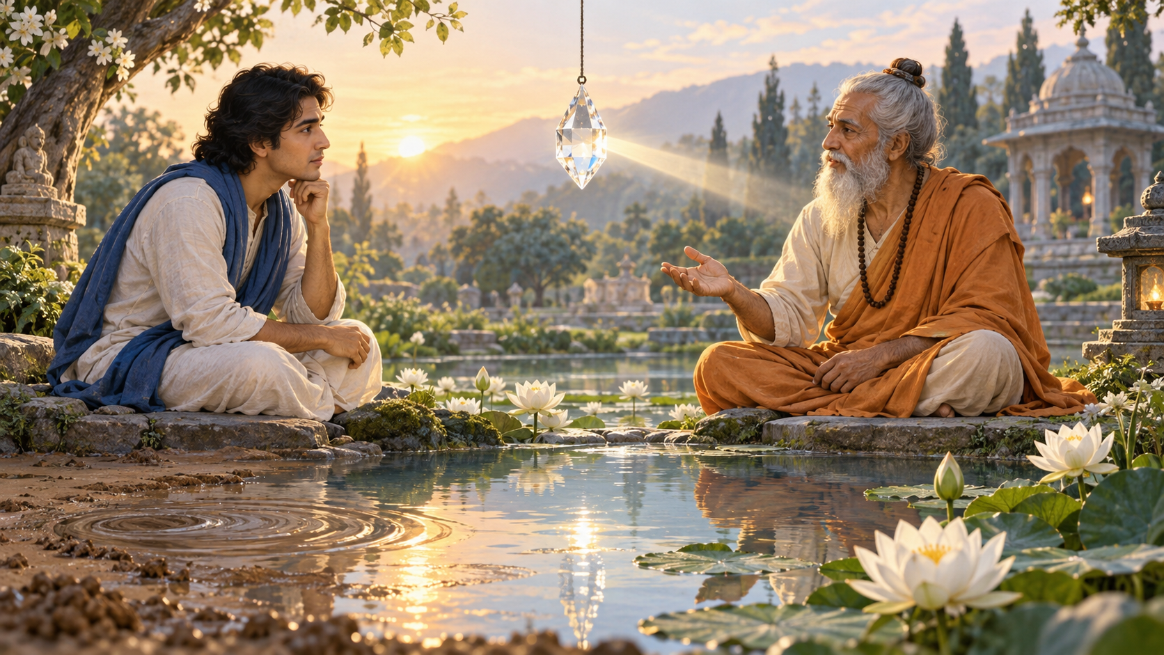 A spiritual practitioner listens to an elder beside a clear lotus pond as morning light shines through a crystal above the water.
