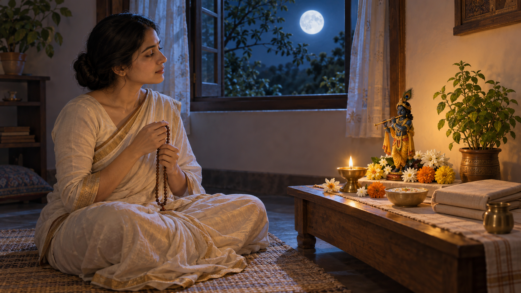 A devotee with prayer beads sits before a Krishna altar with flowers, a tulsi plant, a lamp, and a bowl of kheer under the full moon.