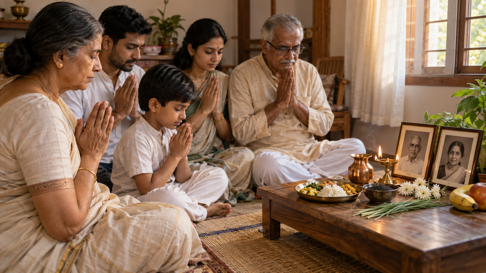 A family sits in quiet remembrance beside a simple ancestral offering with a brass lamp, water vessel, sesame seeds, flowers, fruit and food.