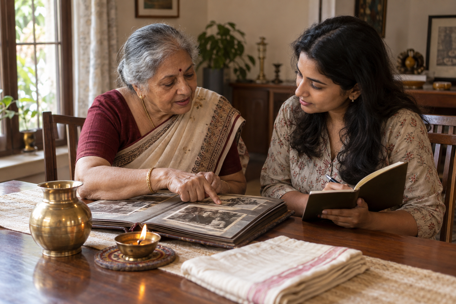 An older relative explains inherited ritual objects and family photographs to a younger adult at a home table.