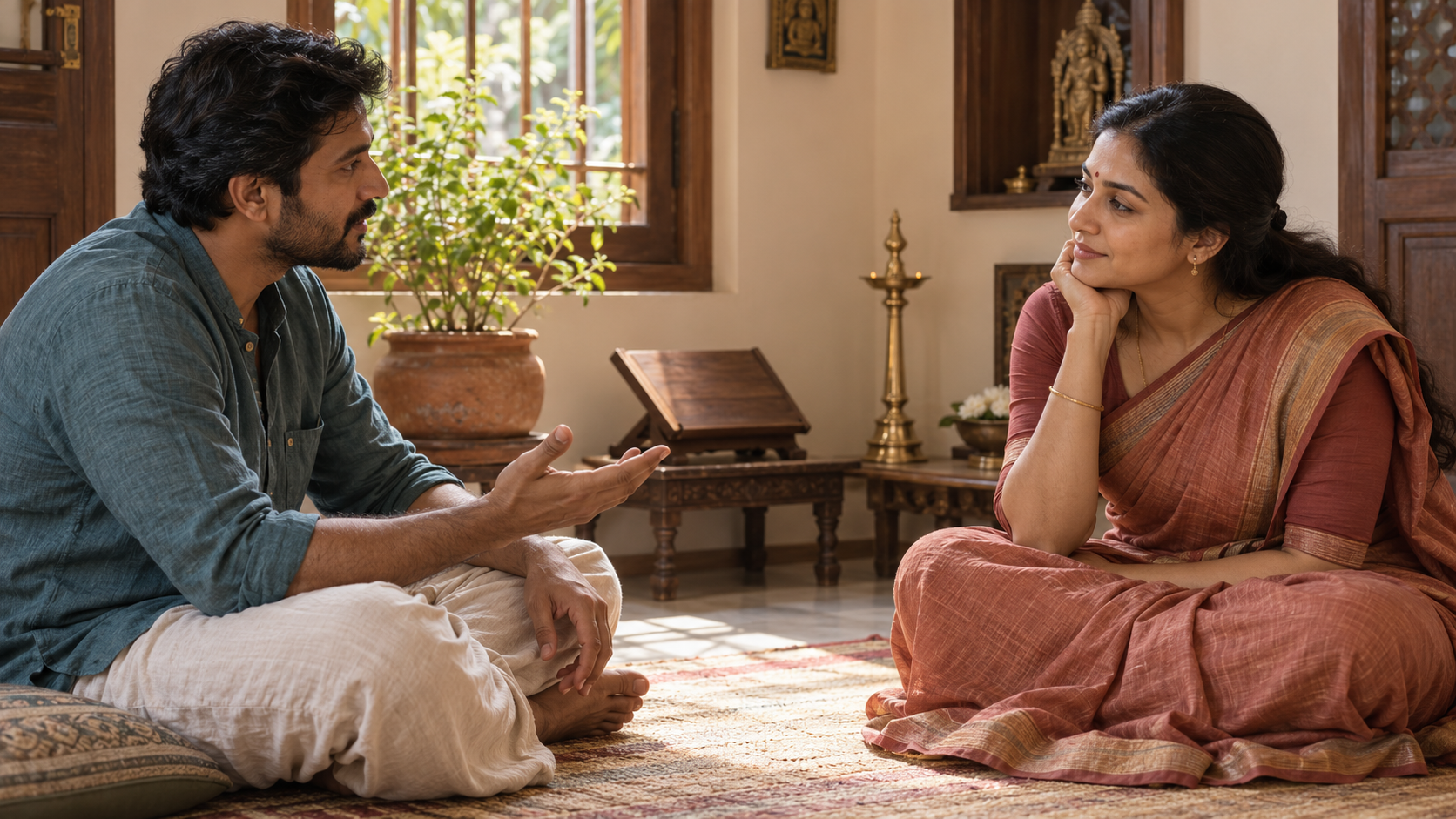 Two adults speak calmly and listen to each other in a devotional home setting lit by soft morning light.