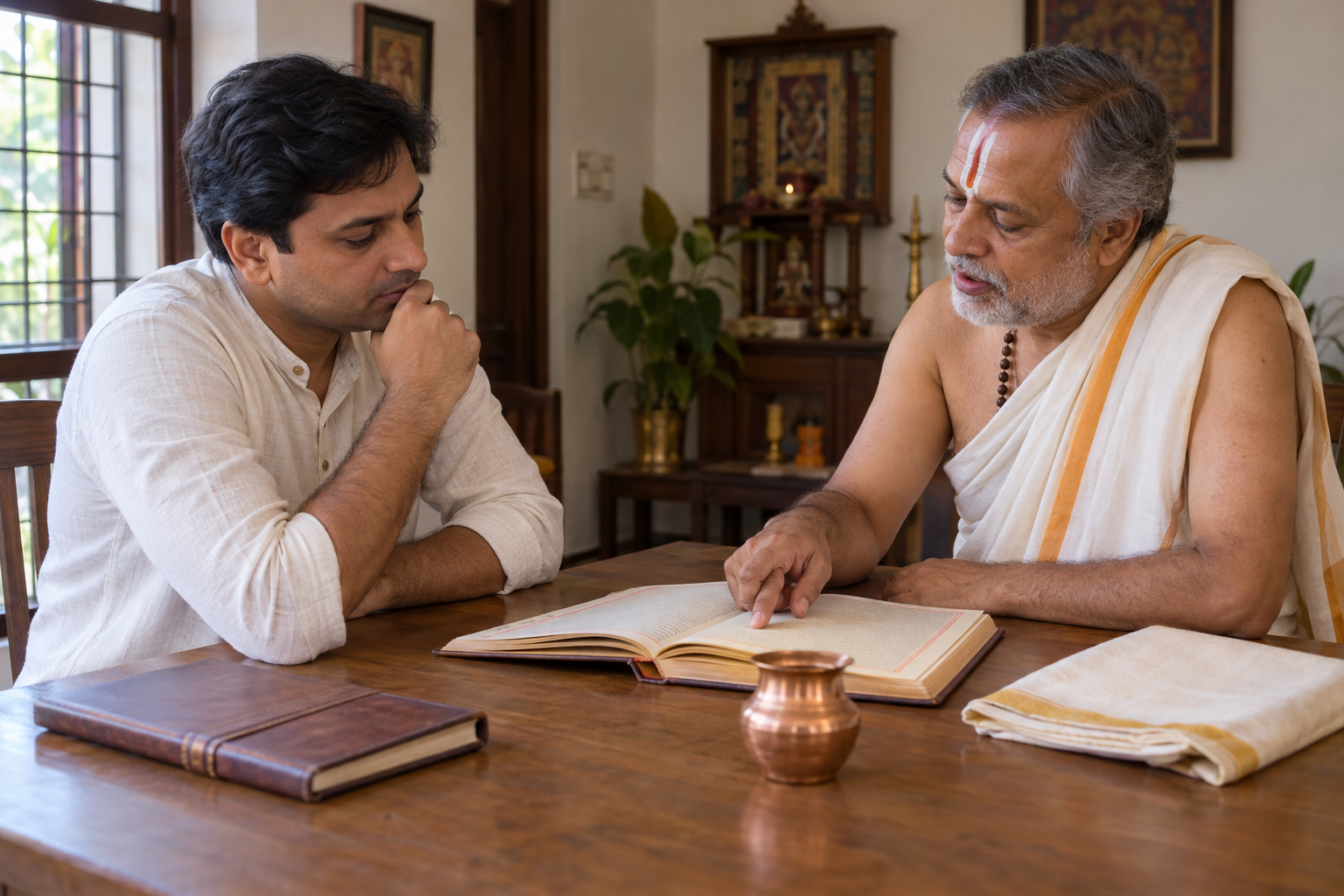A householder consults a Hindu priest over an open traditional almanac while discussing an ancestral observance date.