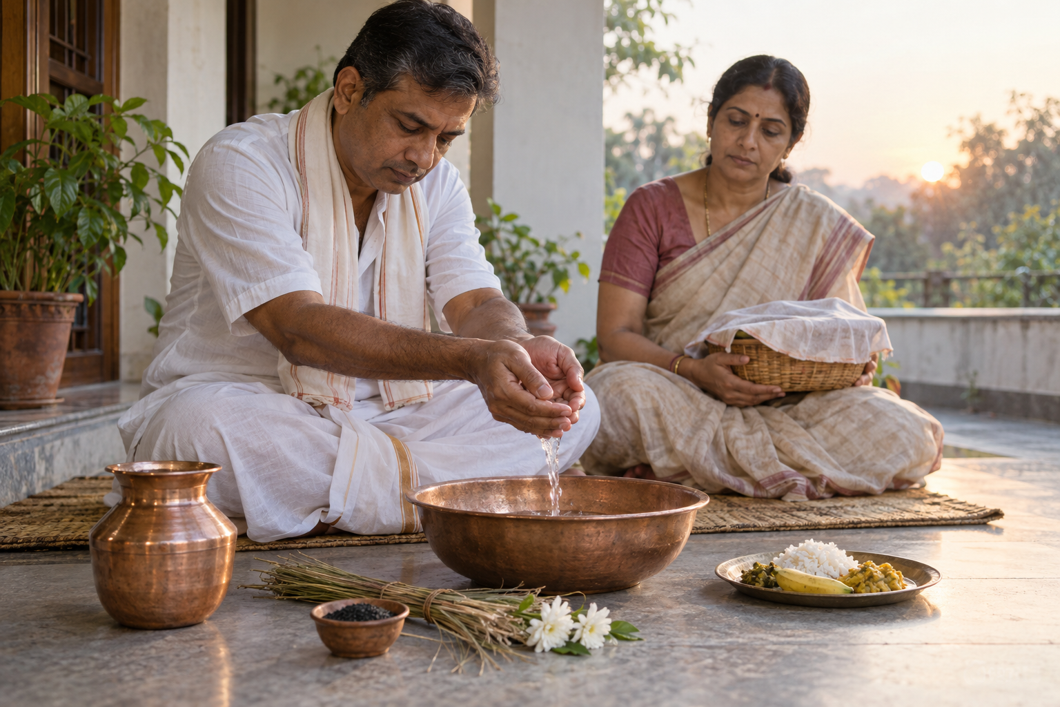 A householder pours a simple water offering beside sesame seeds, kusha grass, flowers, food and a basket prepared for donation.