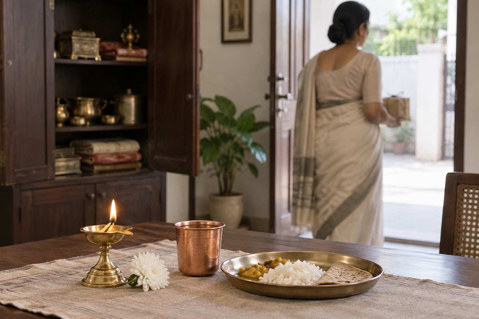A family member carries a modest food donation past a restrained ancestral offering while unused decorations remain stored away.