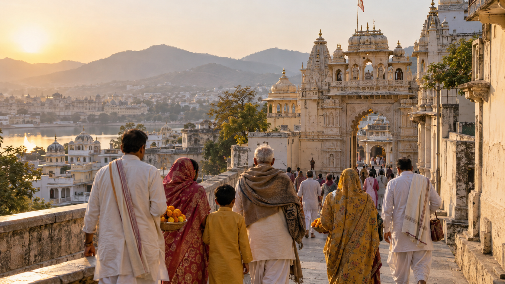 Pilgrims carrying offerings approach an ornate Vaishnava temple gateway at dawn with the Aravalli hills in the distance.