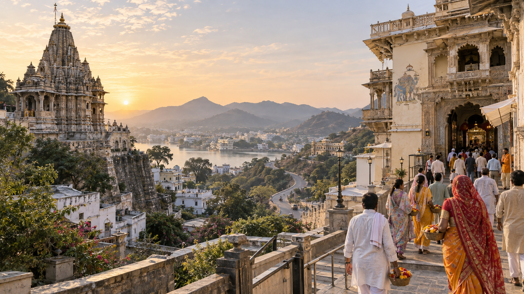 A winding Rajasthan road visually connects a carved temple in Udaipur with a haveli-style shrine approach in Nathdwara.