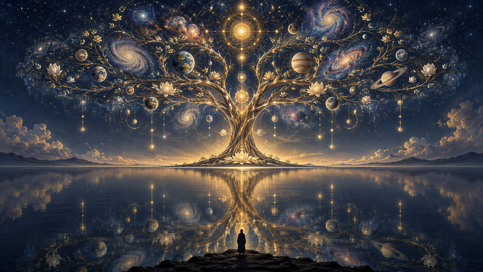 A luminous tree-shaped cosmos filled with stars and planetary spheres rises above a dark ocean that reflects it upside down, while a solitary person observes from the shore.