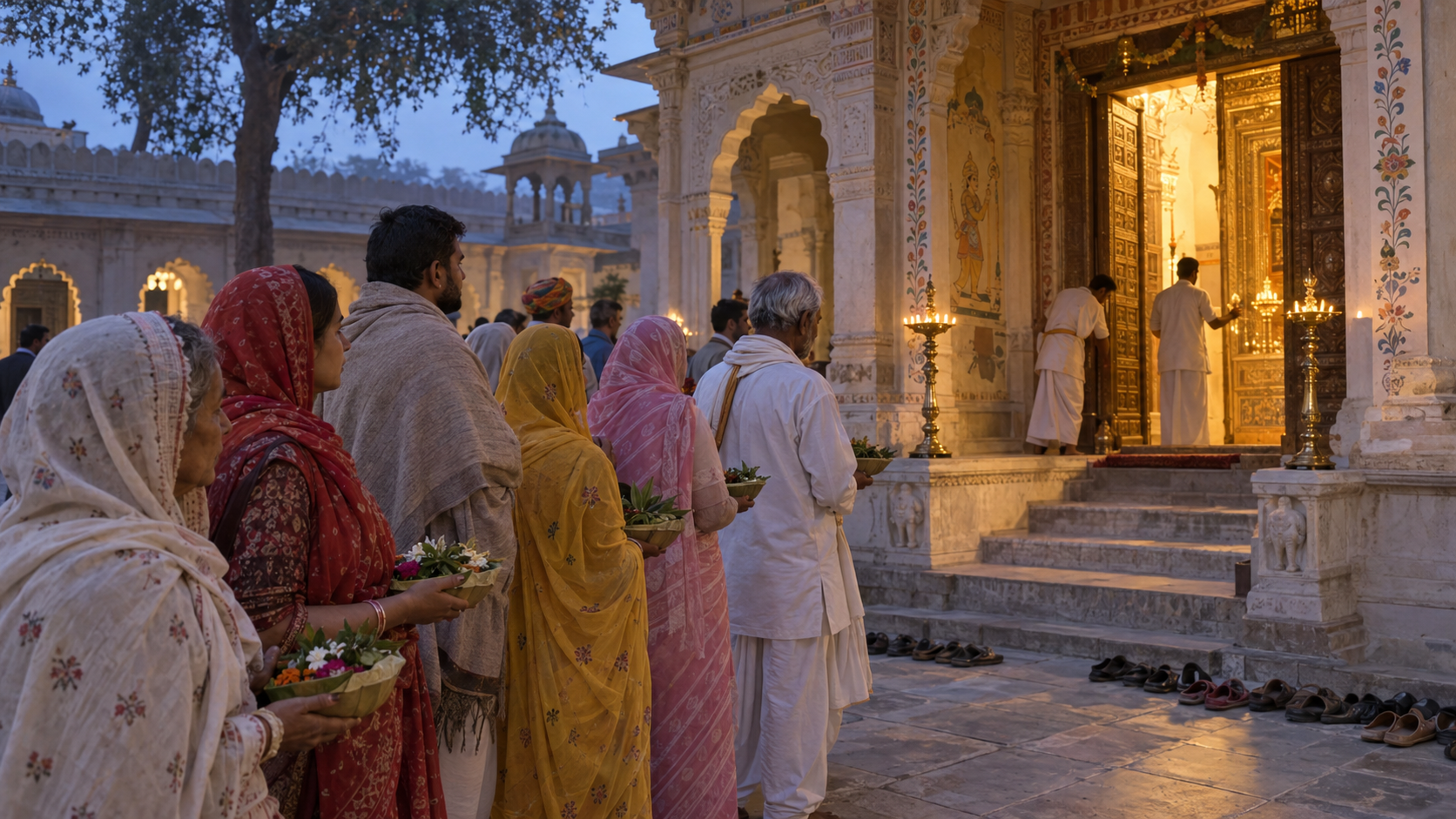 Pilgrims wait with flower and tulsi offerings in the outer courtyard of a Vaishnava temple before morning darshan.