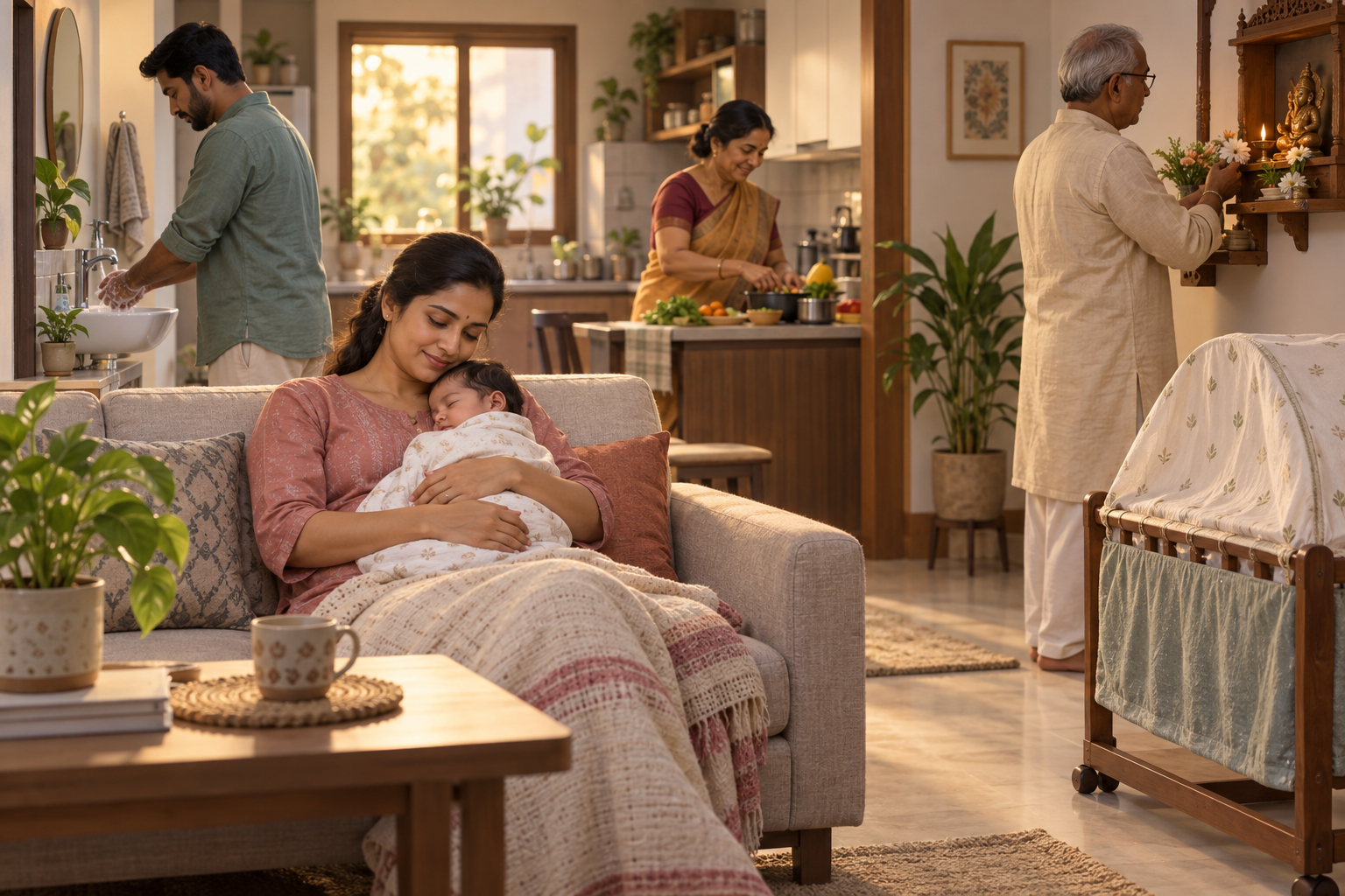 A mother holds her sleeping baby while family members support hygiene, nourishment, rest, and daily prayer at home.