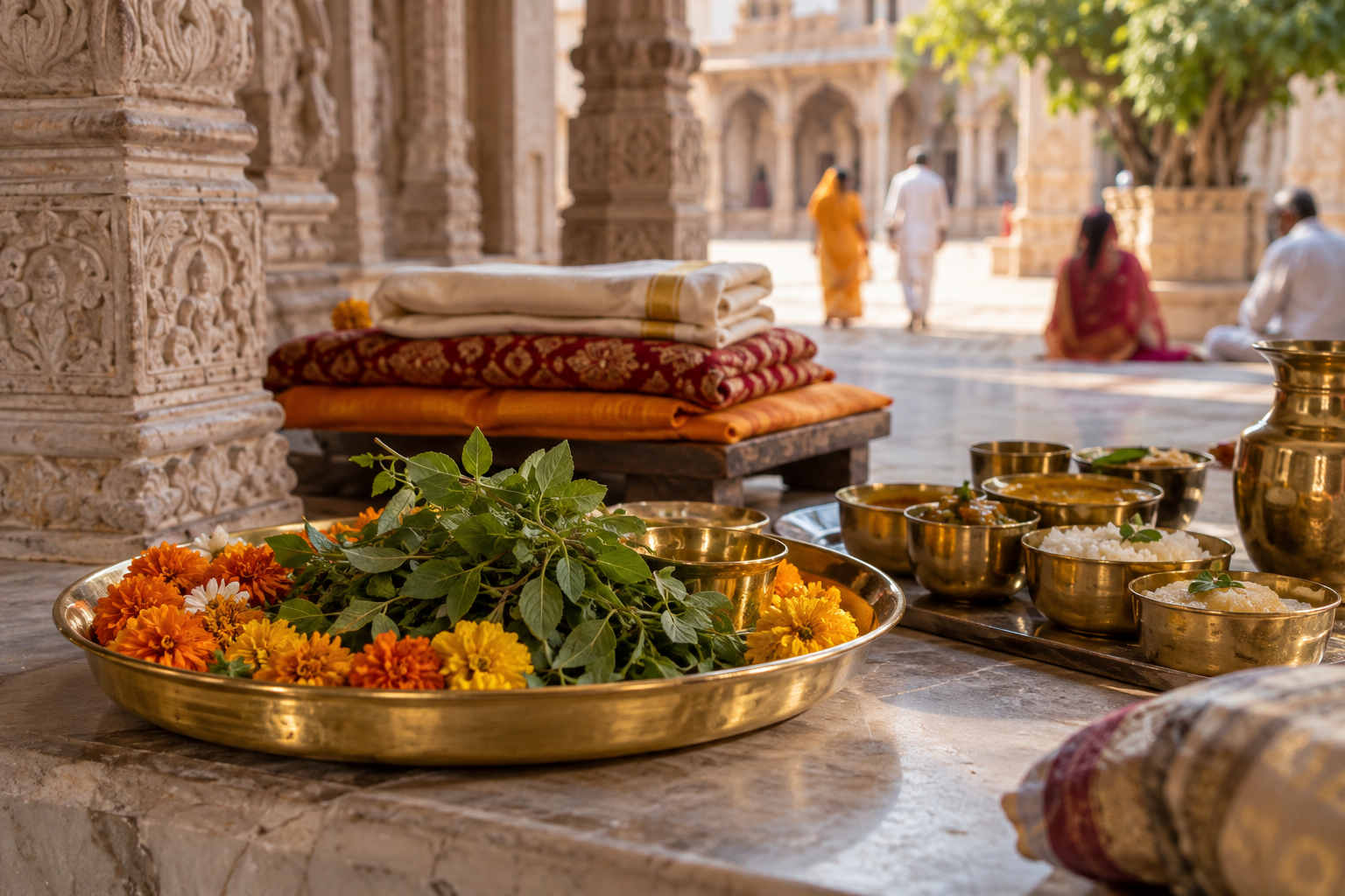 Tulsi leaves, marigold flowers, ceremonial textiles, and small bowls of devotional food are arranged in a temple courtyard.