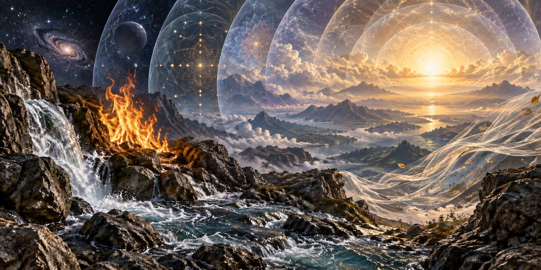 Natural elements and nested translucent layers of pattern and light lead toward a distant golden source, visually suggesting different levels of causation.
