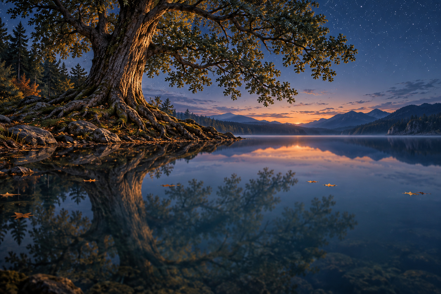 A large tree beside a calm lake is mirrored upside down in the water beneath a starry twilight sky.