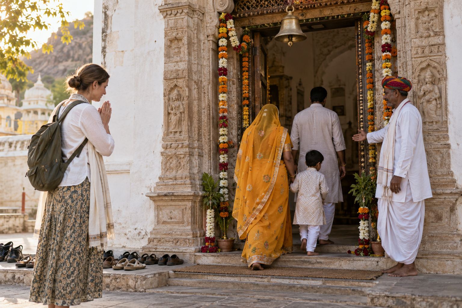 A visitor joins their hands at a carved temple entrance as worshippers enter and leave their shoes outside.