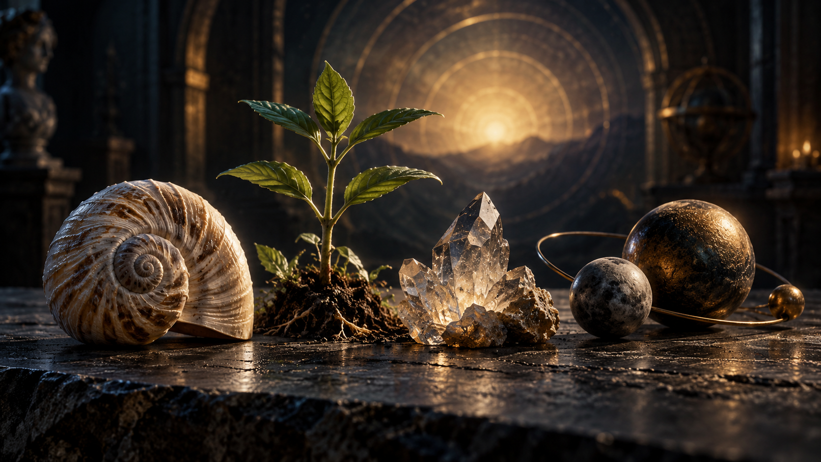 A spiral shell, seedling, crystal, and small celestial forms are arranged on a dark table before layered rings of warm light.