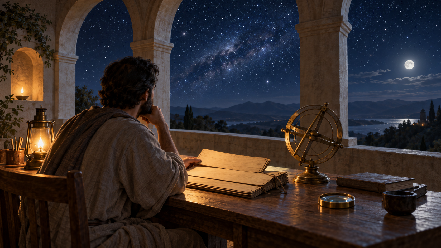A seated scholar observes the night sky from an open observatory beside a blank manuscript, a brass instrument, and an unmarked lens.