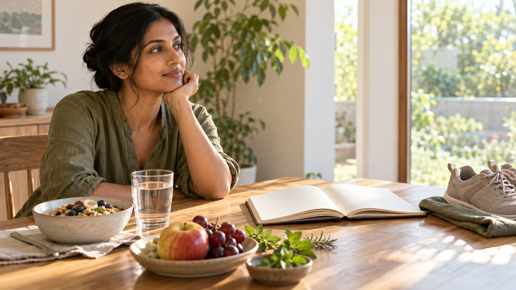 A person reflects beside a blank journal, simple breakfast, water, herbs, and walking shoes on a sunlit table.