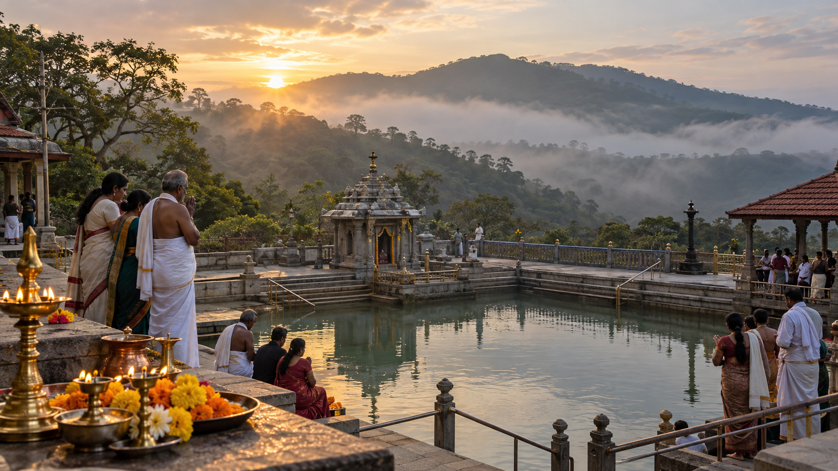 Pilgrims gather beside the sacred temple tank at Talakaveri as dawn light reaches the misty Brahmagiri hills.