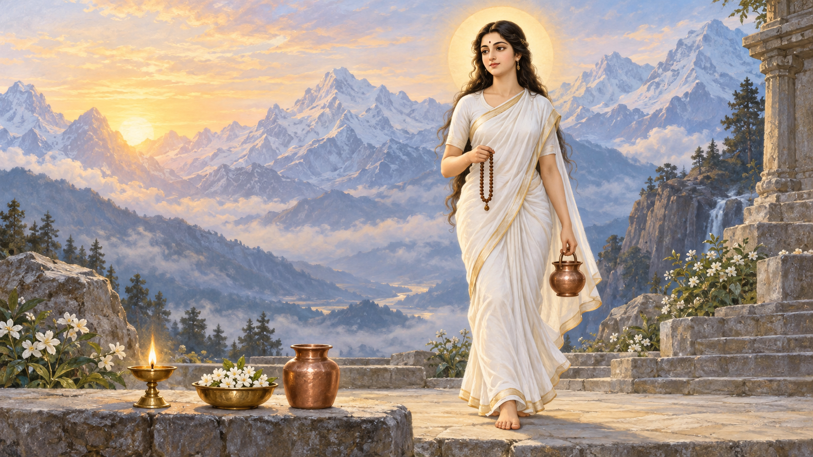 Maa Brahmacharini in a white sari holding a prayer mala and kamandalu near a simple home puja arrangement at dawn.