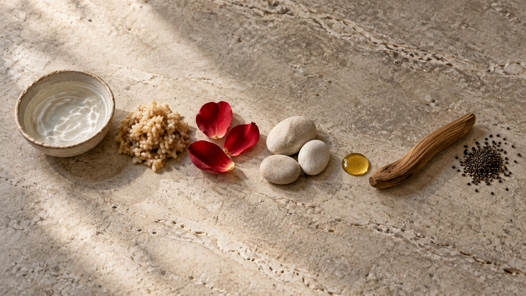 Seven natural materials, including water, grain, petals, pebbles, oil, wood, and seeds, form a flowing arrangement on stone.