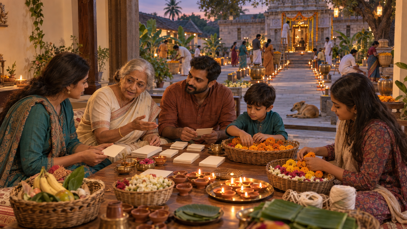 A multigenerational family sorts lamps, flowers and offering supplies at home while volunteers prepare a temple courtyard in the background.