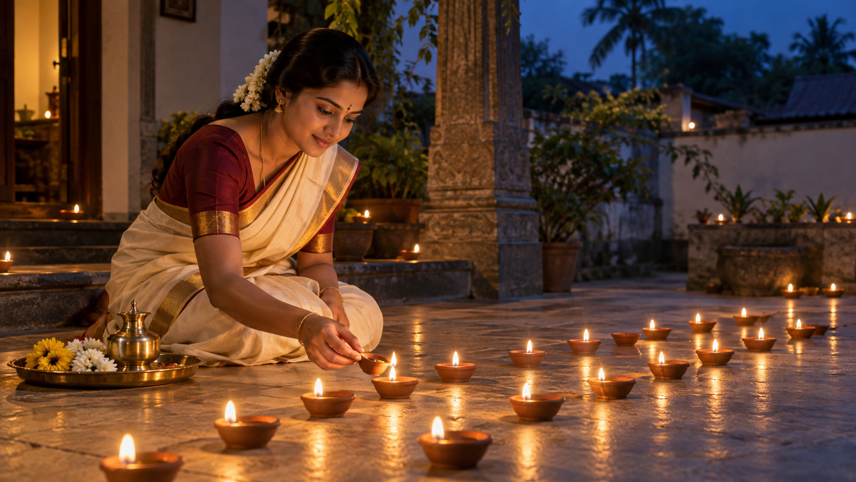 A devotee lights rows of small clay oil lamps in a traditional courtyard at twilight.