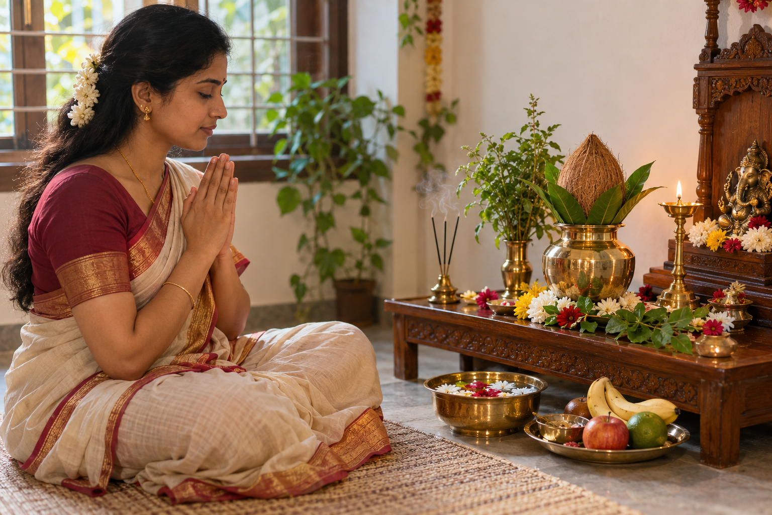 A worshipper prays before a home altar arranged with a brass kalasha, oil lamp, flowers, tulsi leaves, fruit and ritual water.