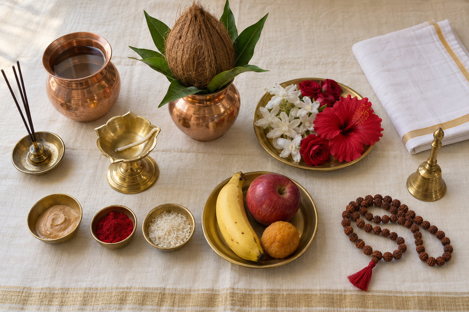 Brass lamp, water vessel, kalash, flowers, sandalwood, kumkum, rice, fruit, sweets, bell, cloth, and prayer beads arranged for home puja.