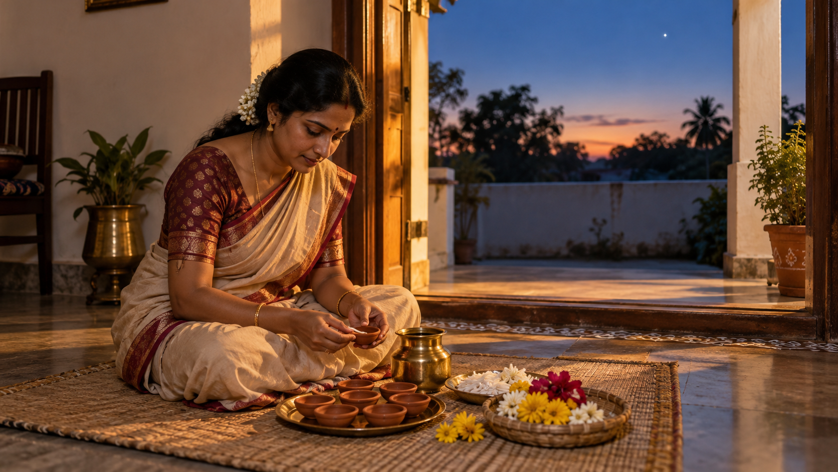 A devotee sits beside unlit clay lamps, flowers, oil and cotton wicks at an evening threshold.