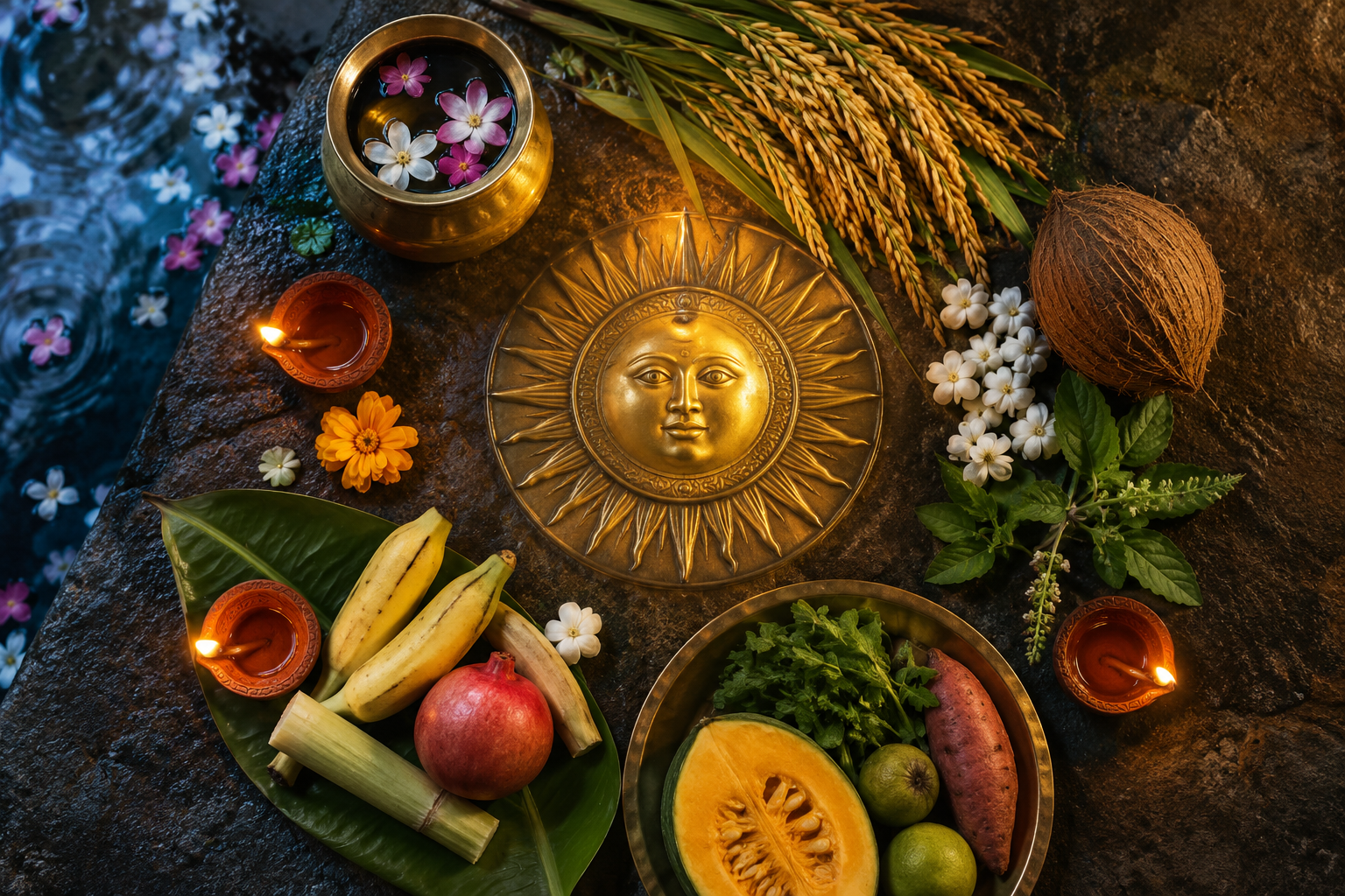 A brass sun disc is surrounded by river offerings, rice stalks, produce, coconut, tulsi, jasmine and clay lamps.