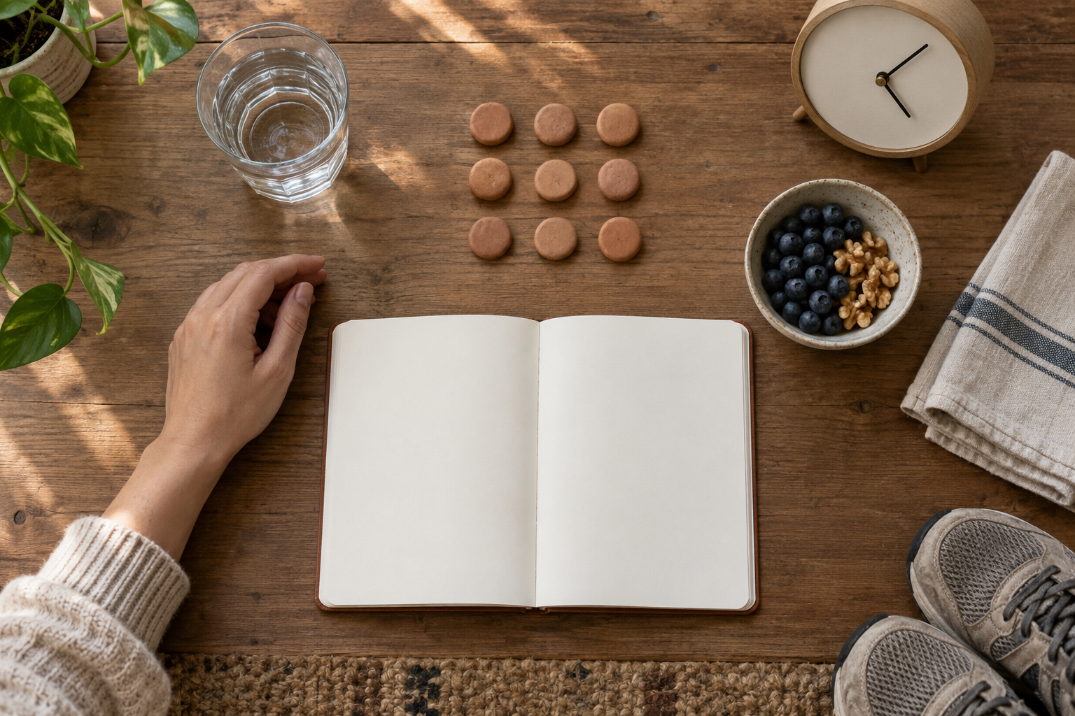 A hand, blank notebook, and nine clay tokens sit with everyday objects used to reflect on routine and well-being.