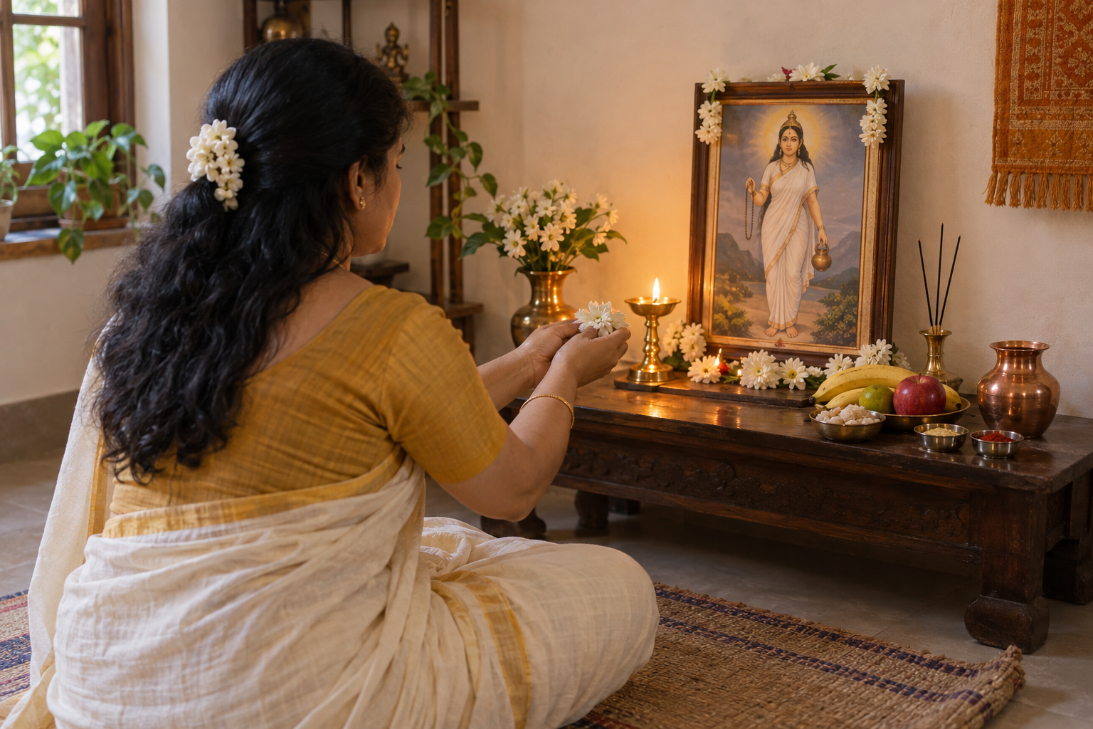 A devotee seated at a low home altar offers white flowers during a simple Maa Brahmacharini puja.
