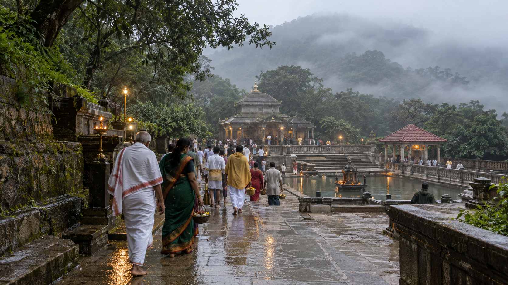 Pilgrims carrying flowers and brass vessels walk along wet stone paths toward the temple tank at Talakaveri.
