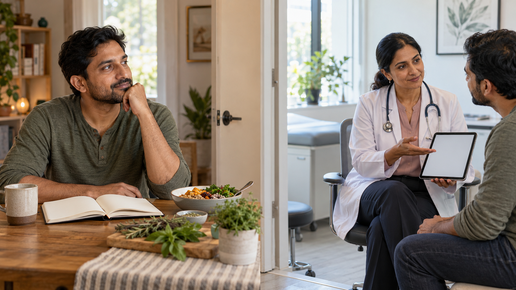 One side shows personal reflection with a blank journal, while the other shows a patient consulting a clinician.