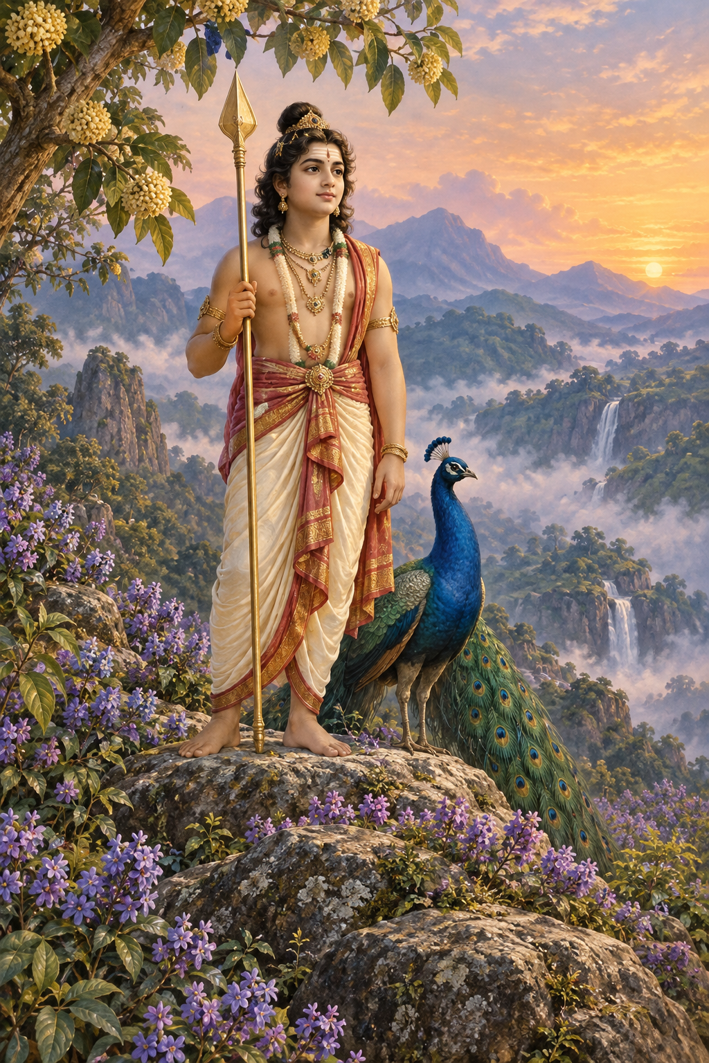 Youthful Murugan holds a vel beside a peacock among kurinji flowers in a misty Tamil hill landscape at dawn.