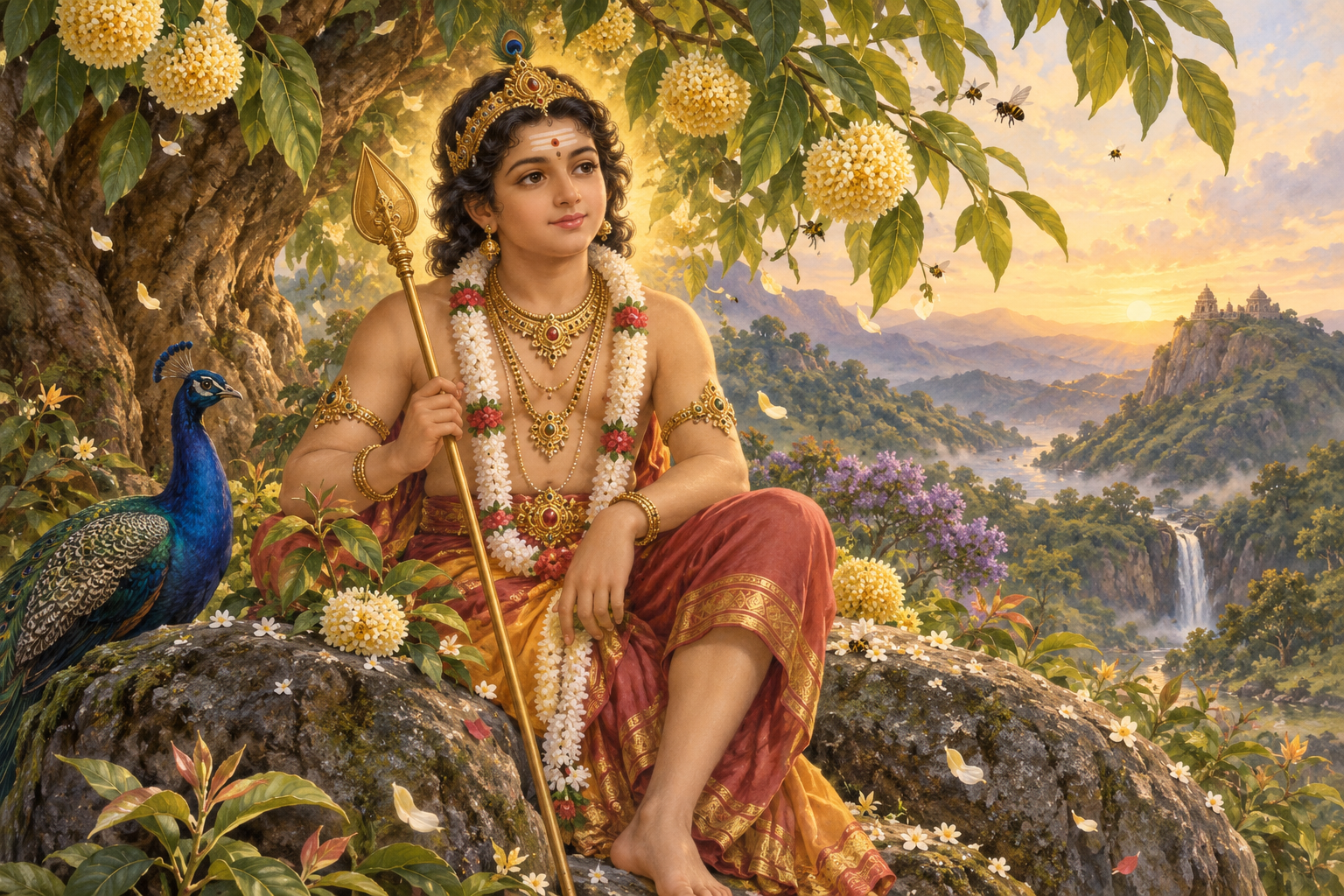 Murugan sits beneath a flowering tree as new leaves, blossoms, bees and golden light surround him.