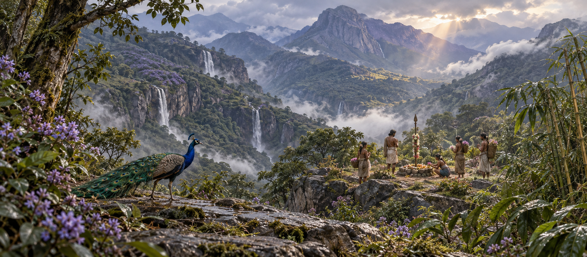 Ancient Tamil hill country surrounds a flower-adorned vel, with waterfalls, mountain vegetation, a peacock and people gathering nearby.