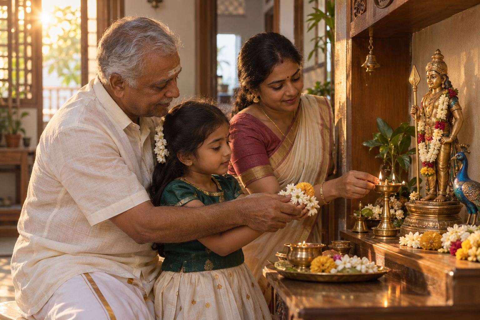 A grandparent, parent and child offer flowers and light an oil lamp at a small Murugan shrine in a Tamil home.