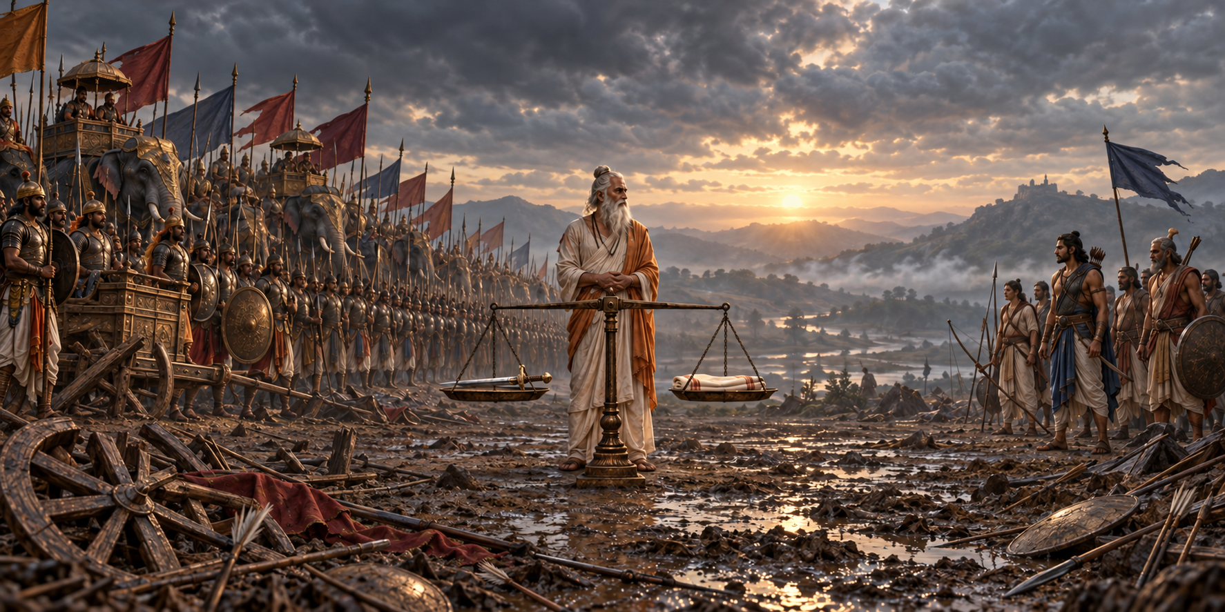 An elder counselor stands between a large armed force and a smaller exposed group on an ancient battlefield, beside a balance holding a sword and a protective cloth.