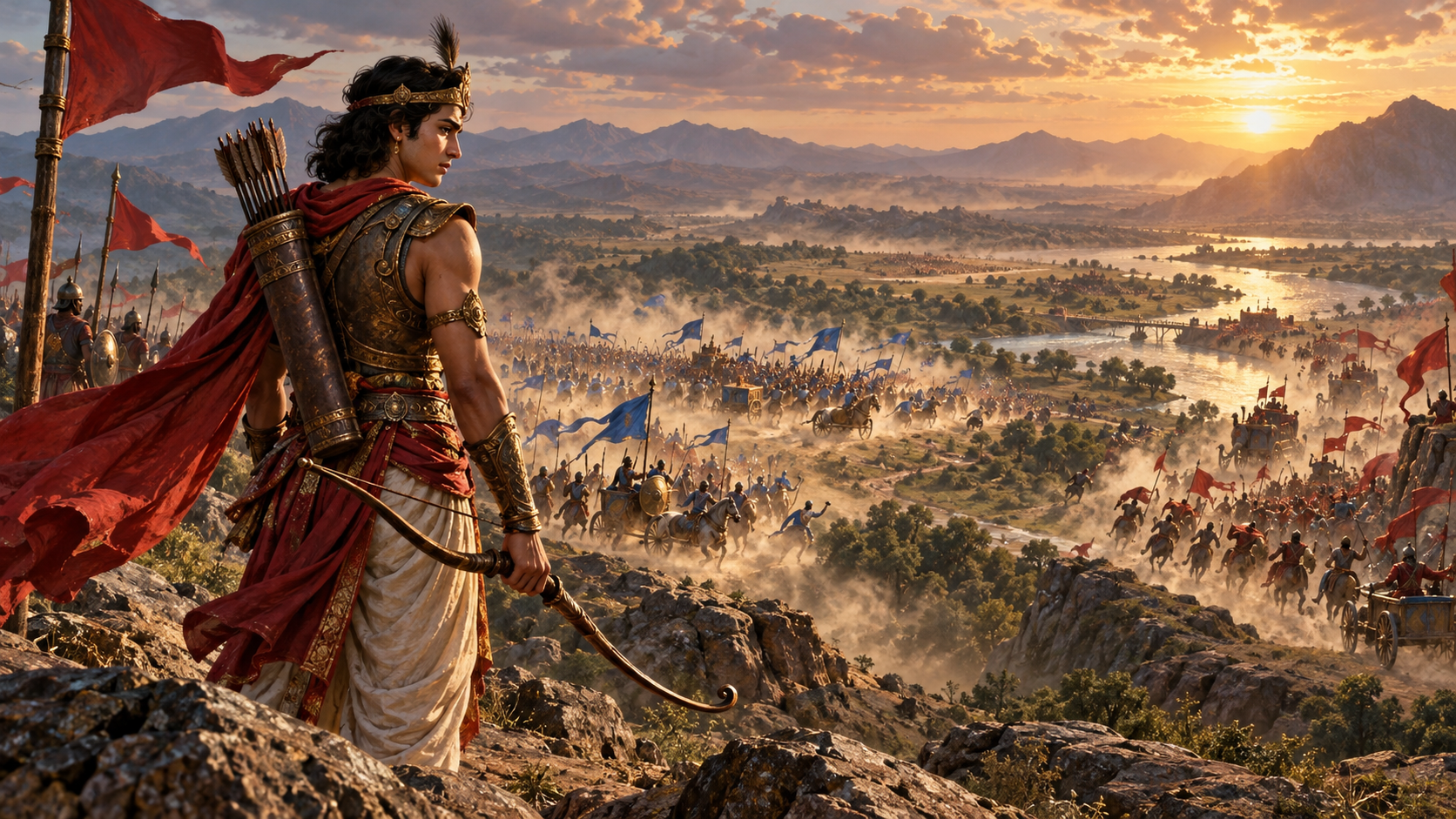 Barbarik stands with a lowered bow on a ridge as the balance of strength shifts between two ancient armies below.