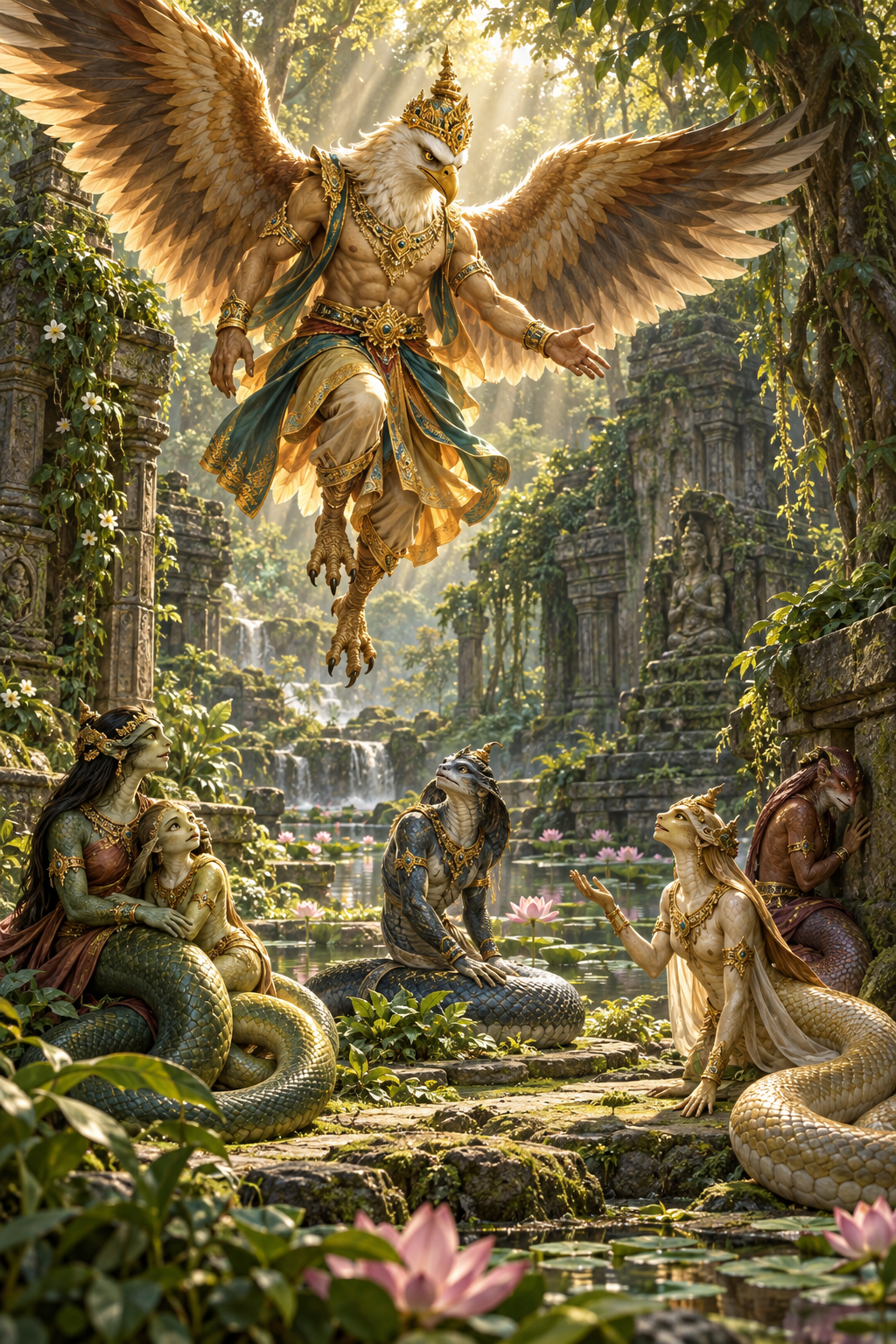 Garuda pauses above a forest clearing while several serpent beings display different actions and expressions as distinct individuals.
