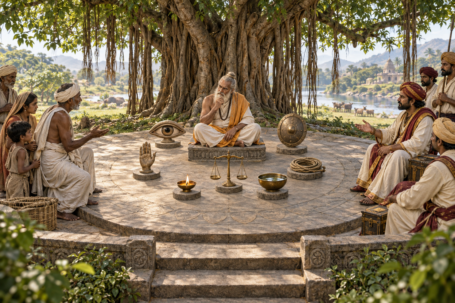A counselor considers two disputing groups beneath a banyan tree, surrounded by seven symbolic objects including a shield, lamp, scale, rope, and bowl.