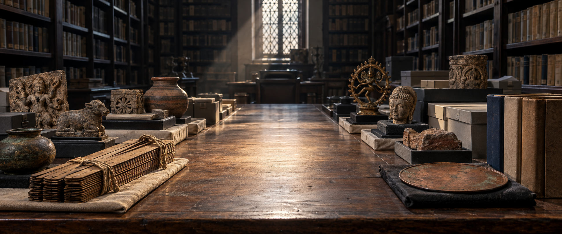 Indian historical materials and blank-spined scholarly books arranged on an archive table with an illuminated empty space at the center.