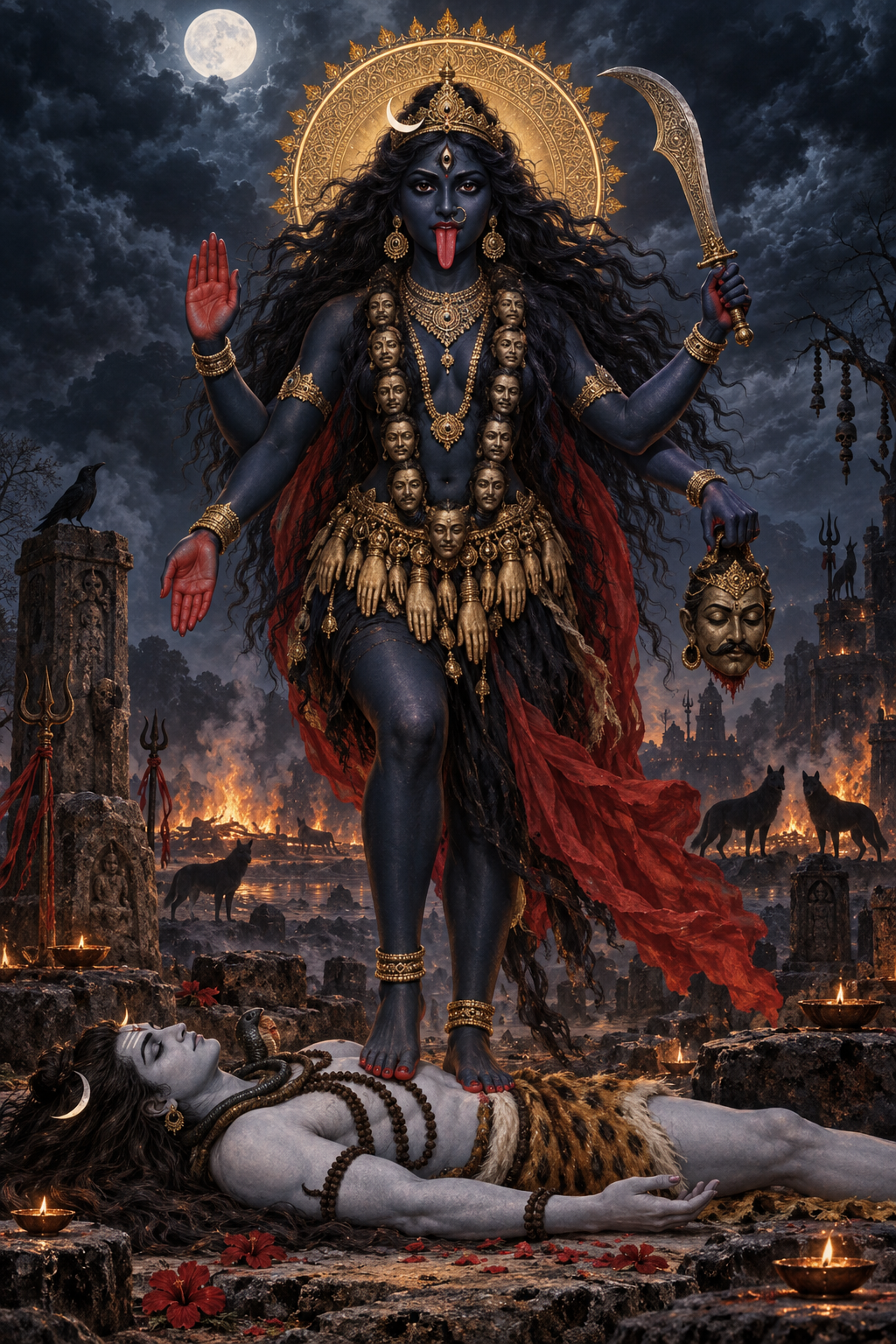 Goddess Kali stands over the reclining Shiva in a moonlit cremation ground, holding a curved sword and a severed demon head while raising her other hands in sacred gestures.